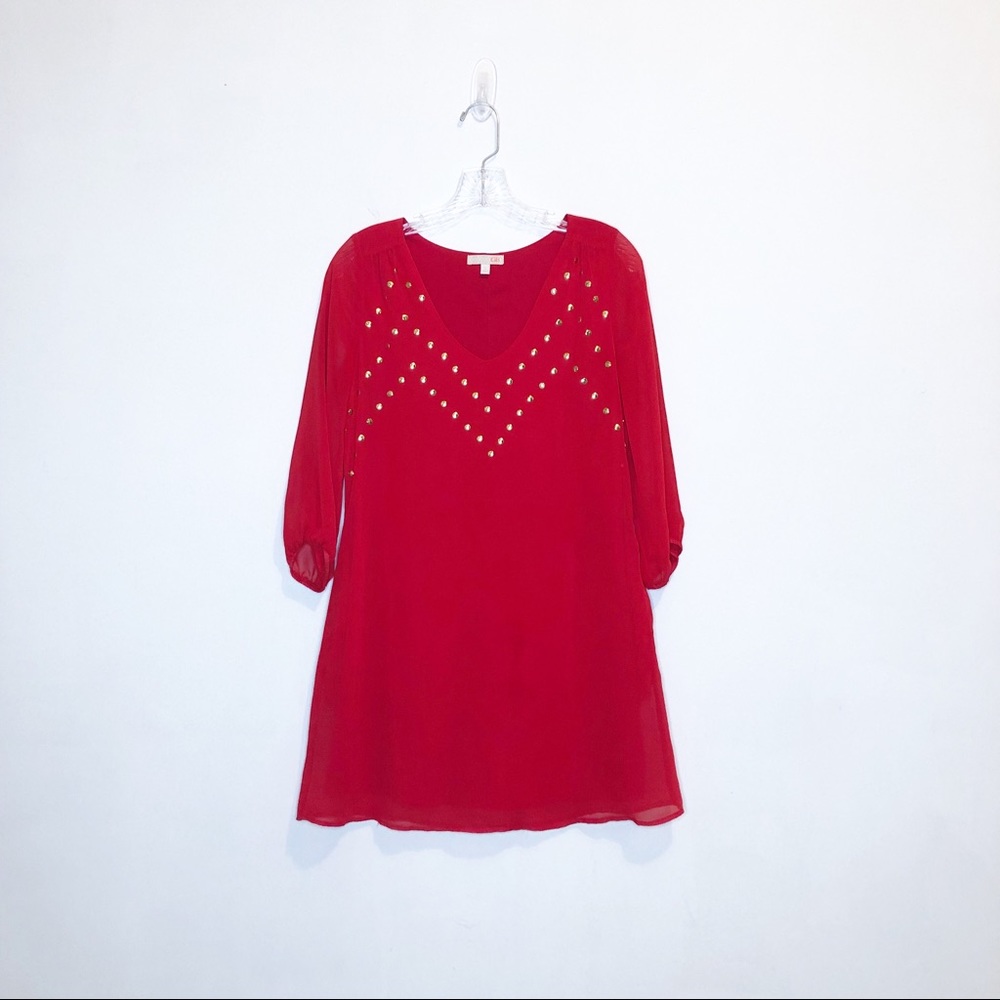GBX Red tunic with Gold Nailhead Accents